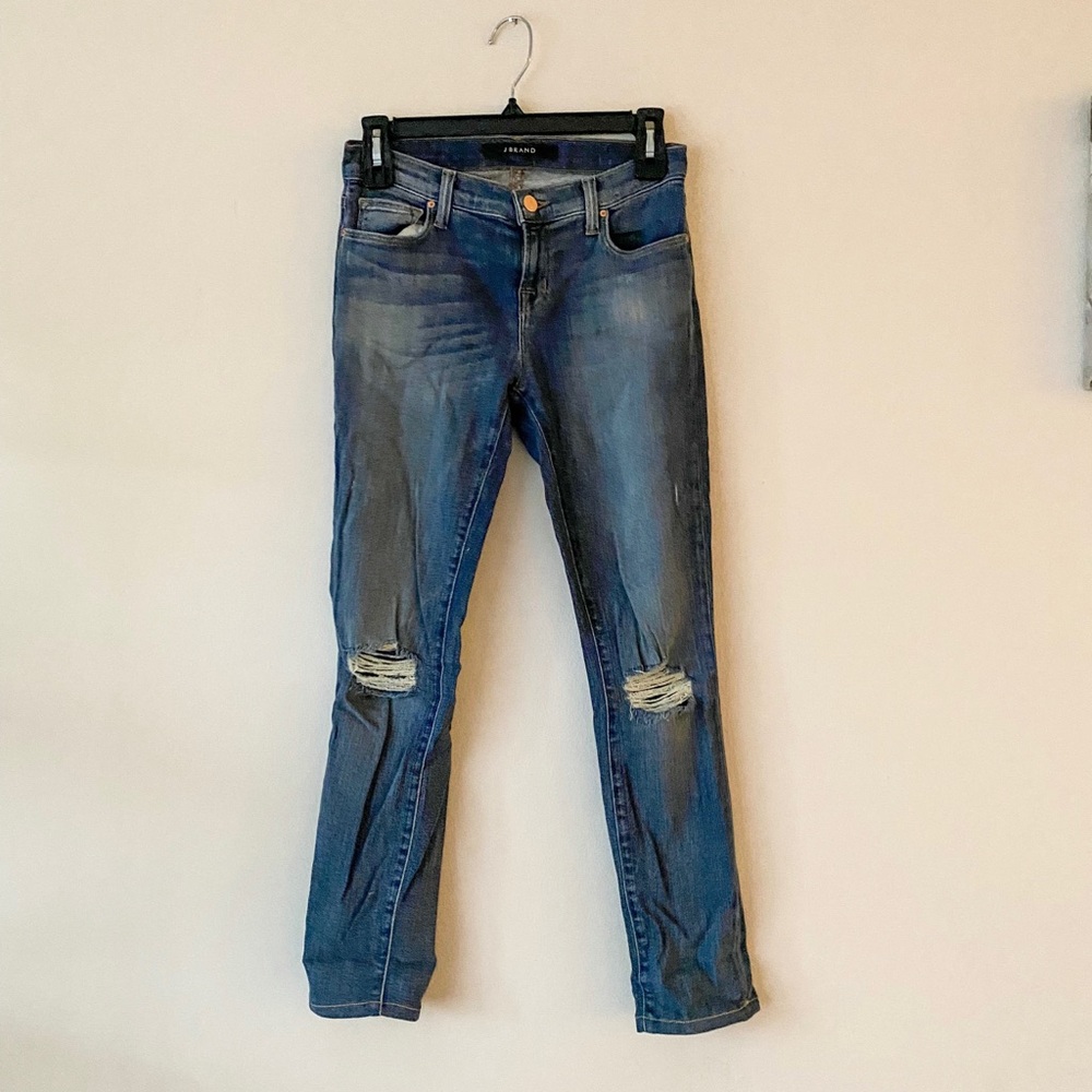 J Brand skinny jeans, altered in length, blue with distressed knees, size 24